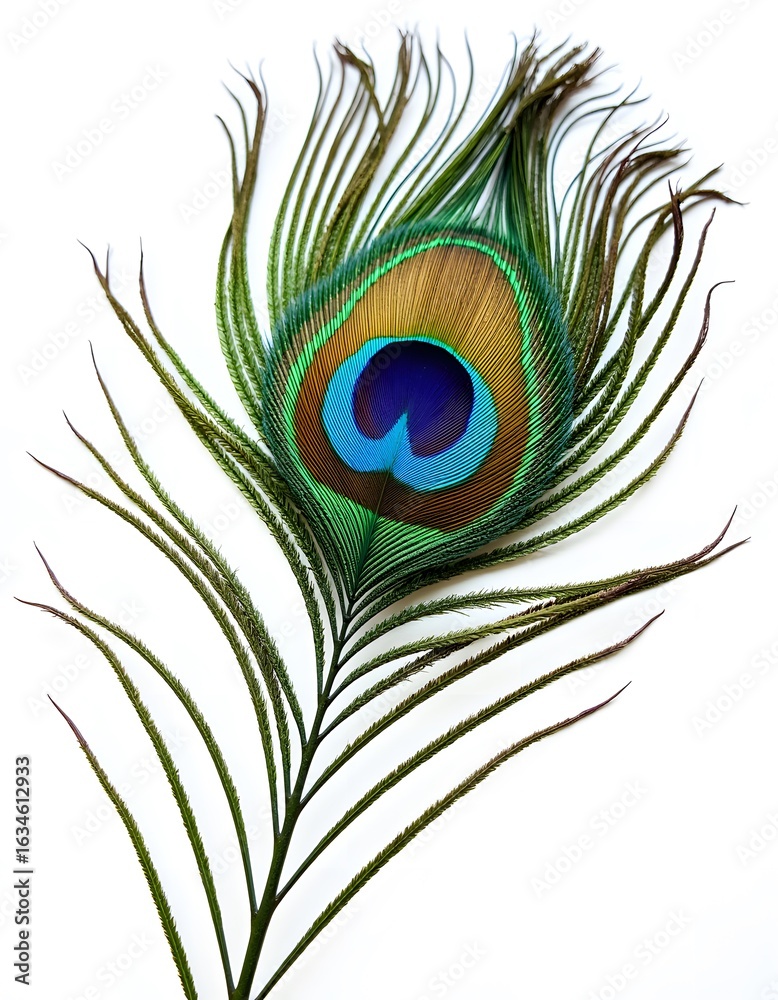 Obraz premium Single peacock feather isolated on white