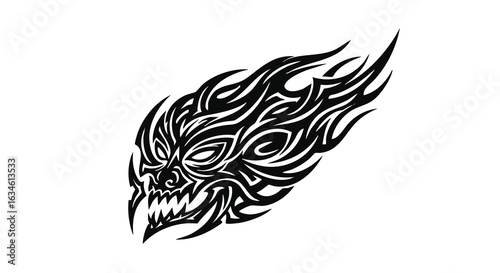Vector Illustration of Fierce Dragon Head in Tribal Style with Sharp Lines and Flames in Black White for Fantasy and Gaming Design