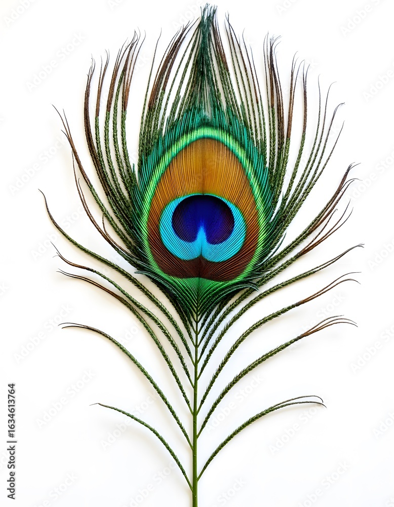 Fototapeta premium Isolated single peacock feather on white