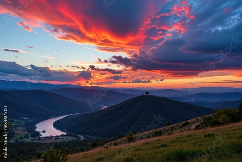 Breathtaking Sunset Over Rolling Hills with Cloudy Skies