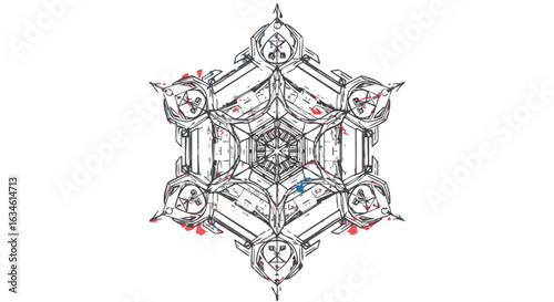 Geometric Vector Pattern with Snowflake Design in Modern Symmetrical Style in Cool Blue and Gray Colors