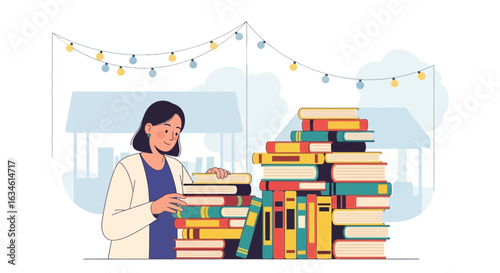 A woman arranging piles of books at an outdoor bookstore or book fair event concept