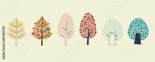 Colorful leaf of autumn trees and outline style illustration isolated fall theme vector