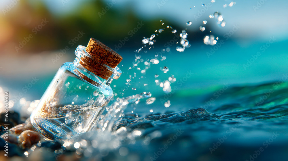 Fototapeta premium A clear glass bottle with a cork is splashing in turquoise ocean water, surrounded by dynamic droplets and backlit sunlight