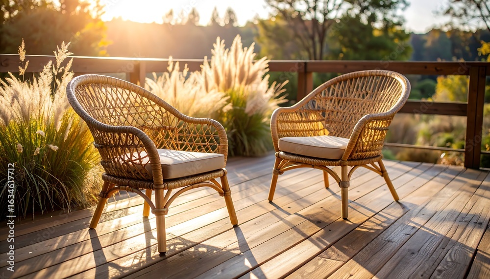 Obraz premium Two Wicker Chairs on Deck at Sunset with Pampas Grass Background