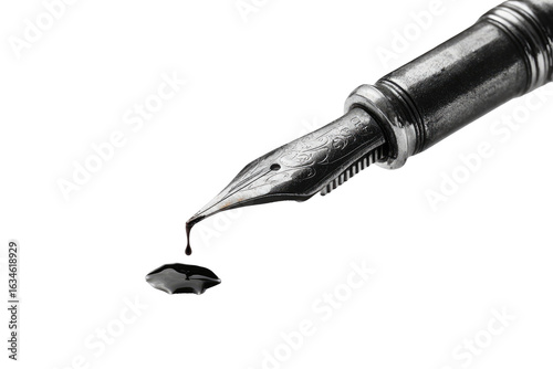Close-up of a fountain pen nib with ink dripping