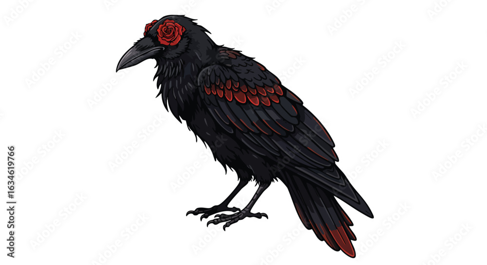 Fototapeta premium Vector Illustration of a Black Crow with Red Feather Highlights in Modern Organic Style