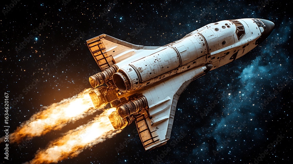 Fototapeta premium Spacecraft in flight with fiery engines.