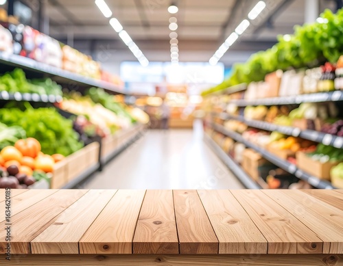 Fototapeta Naklejka Na Ścianę i Meble -  Grocery store aisle with wooden table top
