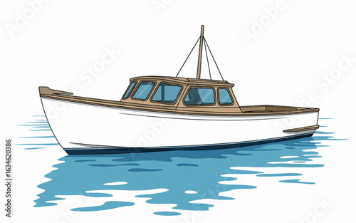 Classic white fishing boat floating on calm blue water with reflection