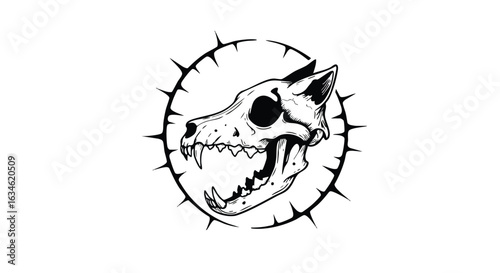 Vector Illustration of Cat Skull with Spiked Circular Frame in Monochrome Gothic Style