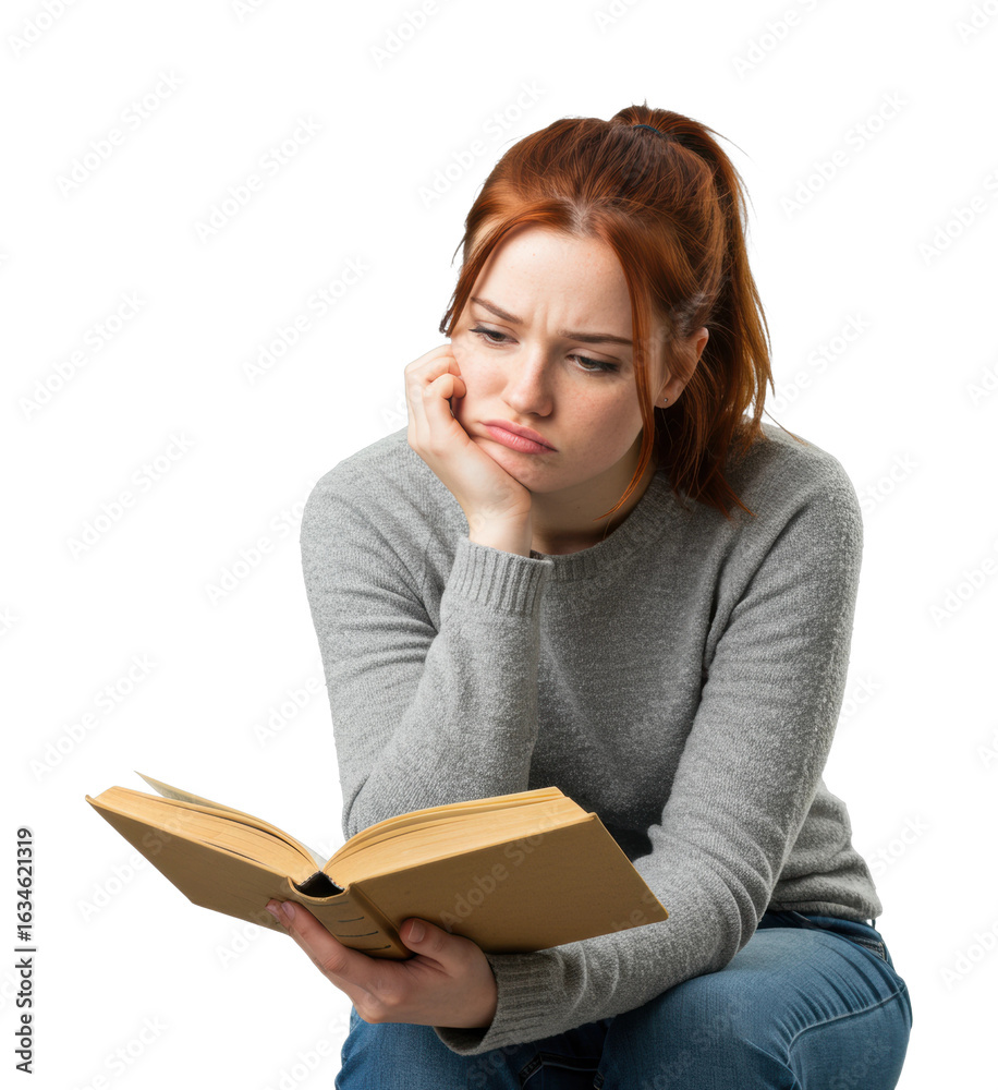 Caucasian young female reading book, thinking, expressive face, red hair, casual wear. Cut out PNG Caucasian young female reading book, thinking, expressive face, red hair, casual wear. Cut out PNG