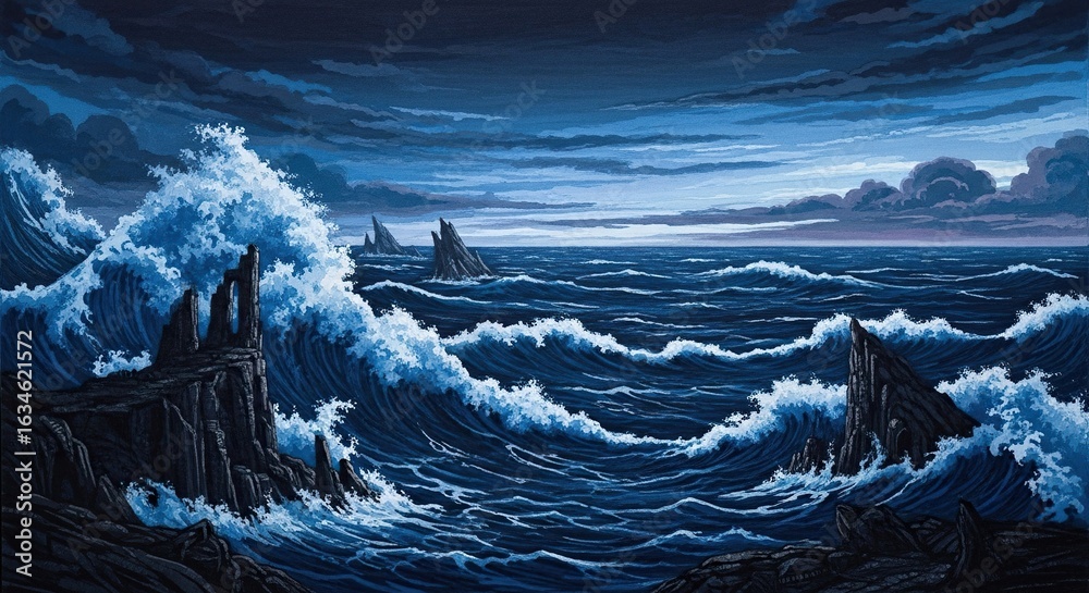 Obraz premium Dramatic coastal scene at night with crashing waves.