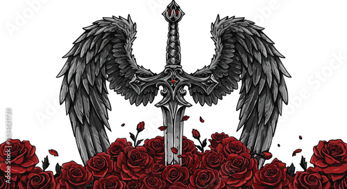 Dark Gothic Vector Illustration Featuring Angel Wings and Sword with Red Roses in Modern Style