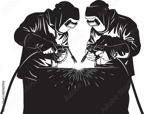 Welding men silhouette working with sparks and protective gear