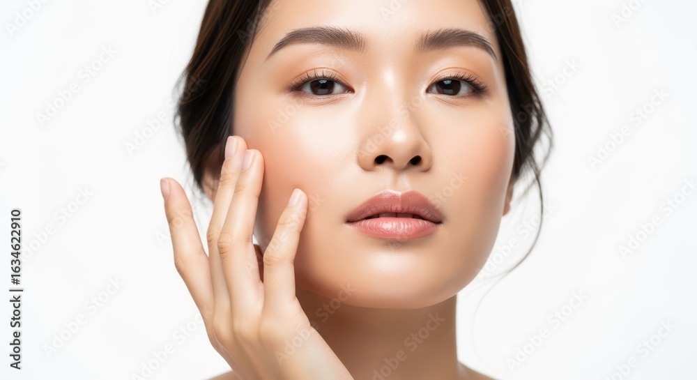 Fototapeta premium Beautiful asian woman with radiant skin, applying facial cream for hydration and a healthy glow, closeup portrait