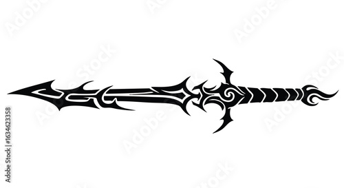 Vector Illustration of Fantasy Sword with Ornate Tribal Style Design in Black for Gaming and Fantasy Art