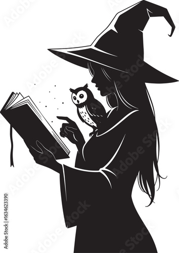 Witch with a pointed hat and an owl reading a magical spellbook