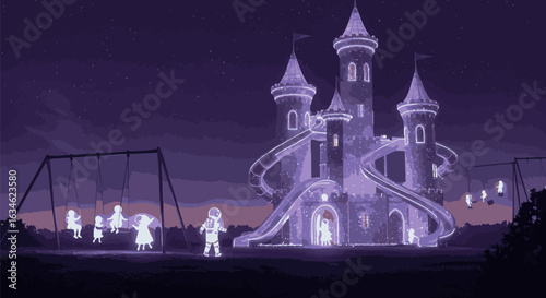 A magical playground scene with ethereal children playing on swings next to a luminous fairy tale castle at night.