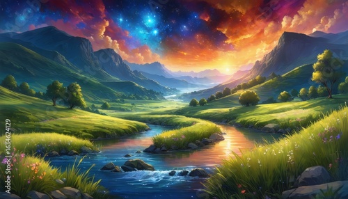 Vibrant Fantasy Landscape:  A Starry Sky with a Nebula over a Peaceful Valley, Game CG Background