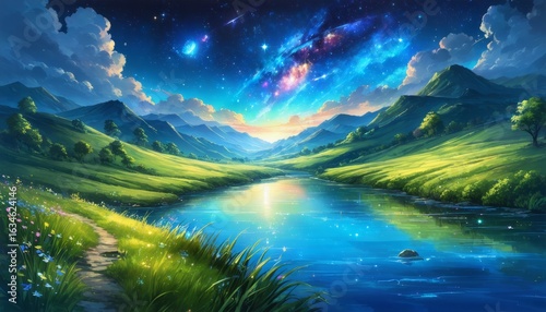 Vibrant Summer Scenery: Rolling Hills and a Peaceful River with Fluffy Clouds, Game Background Wallpaper