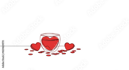 Heart-shaped decoration with glass and red hearts on transparent background