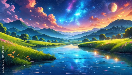 Vibrant Fantasy Landscape:  A Starry Sky with a Nebula over a Peaceful Valley, Game CG Background