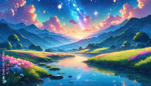 Vibrant Fantasy Landscape:  A Starry Sky with a Nebula over a Peaceful Valley, Game CG Background