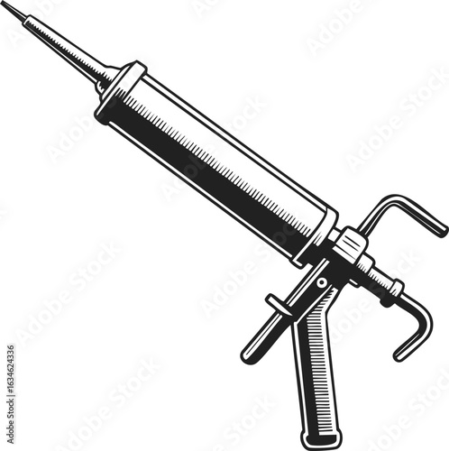 Caulking gun, sealant tool, adhesive applicator, construction accessory, home repair instrument in vintage engraved style