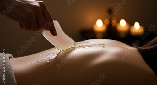 Wallpaper Mural A hand uses a Gua Sha tool on an oiled back Lit candles are in the background Torontodigital.ca