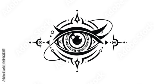 Vector Illustration of Eye with Astral and Geometric Elements in Futuristic Style with Black and White Palette