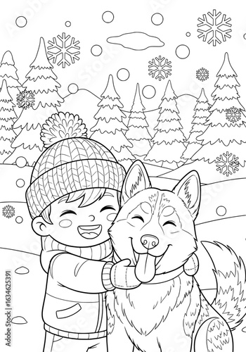 a boy and his beloved husky dog. coloring book