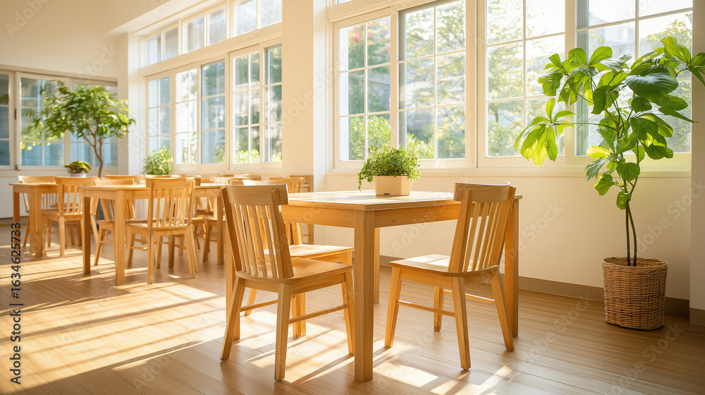 Obraz premium Bright modern empty classroom with wooden desks, chairs, sunlight and potted plant