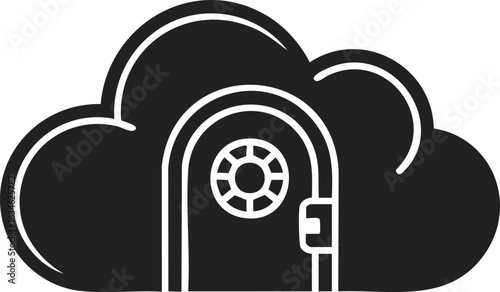 Cloud storage entrance, digital vault, secure portal, online data access, technology gateway, safe cloud access door, access point for files, virtual storage solution, cybersecurity entry