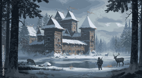 A lone alpha adventurer surveys a formidable wooden castle fortress during a harsh winter in a remote, snowy landscape.