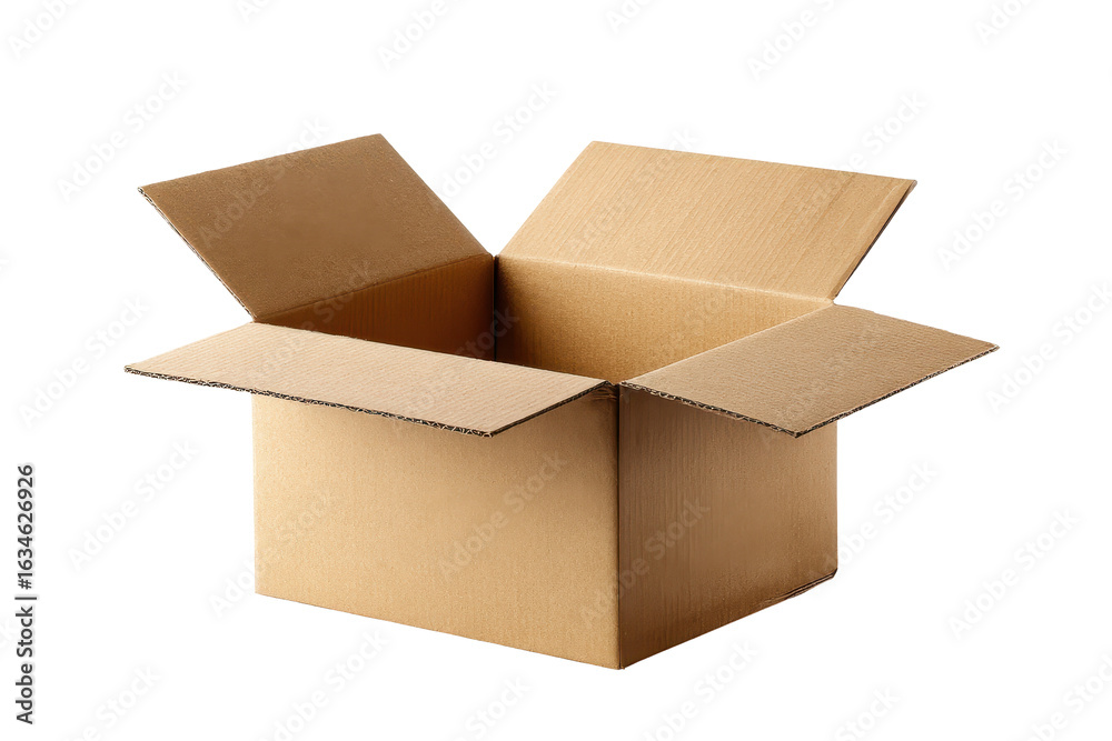 Open cardboard box on a plain background suitable for storage or shipping purposes Open cardboard box on a plain background suitable for storage or shipping purposes