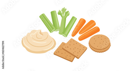 Minimalist Vector Food Illustration of Vegetables and Crackers in Bright Colors