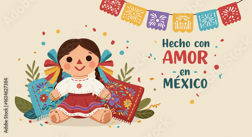 Traditional Mexican doll decorated with flowers and papel picado  