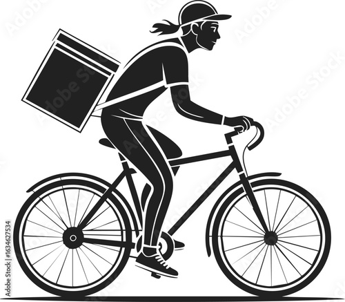 Courier on bicycle, delivery cyclist, messenger on bike transporting packages, urban bike courier