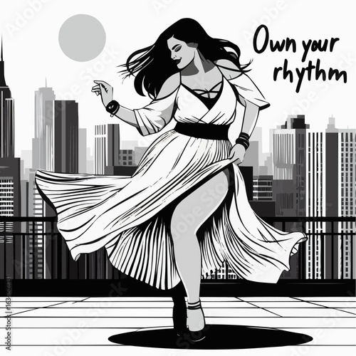 Confident woman dancing gracefully in stylish dress against urban skyline backdrop
