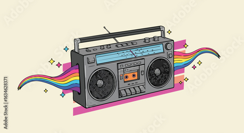 Vector Illustration of Retro Boombox with Colorful Sound Waves in Modern Minimalist Style