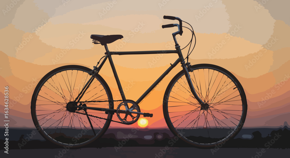Fototapeta premium Minimalist Vector Bicycle Illustration with Sunset Background in Warm Gradient Colors