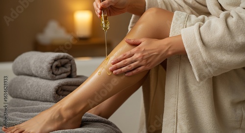 A person applies oil to a leg A leg rests on folded towels A robe is worn A candle is in the background