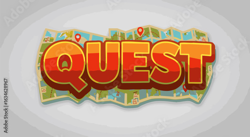Adventure quest game logo with stylized alphabets on a navigation map with pins, vector graphic.