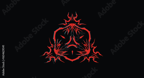 Dark Vector Illustration of Fiery Demonic Face with Spiked Horns in Gothic Style Red and Black Colors