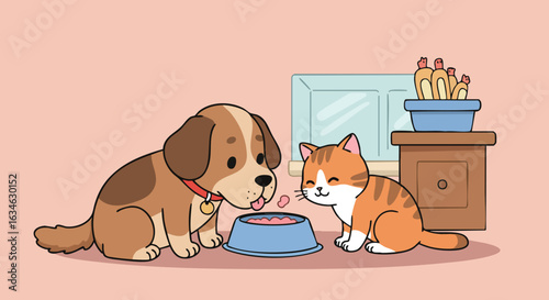 Vector Illustration of Dog and Cat in Cute Cartoon Style with Warm Colors for Pet Animal Design