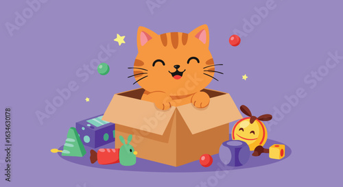Vector Illustration of Playful Cat in Box with Toys in Modern Cute Style Bright Colors