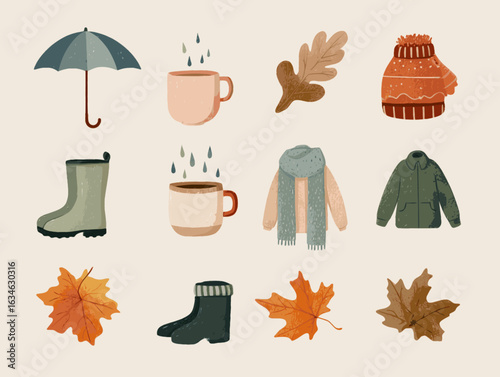  Cozy Autumn Rainy Day Icons – Flat Vector