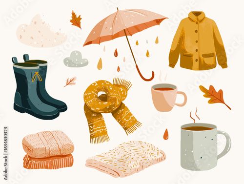  Cozy Autumn Rainy Day Icons – Flat Vector