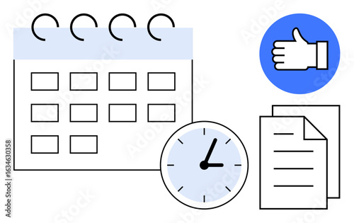 Calendar with spiral top, analog clock, thumbs-up icon, and documents. Ideal for time planning, organization, deadlines, productivity, efficiency goals scheduling simple landing page